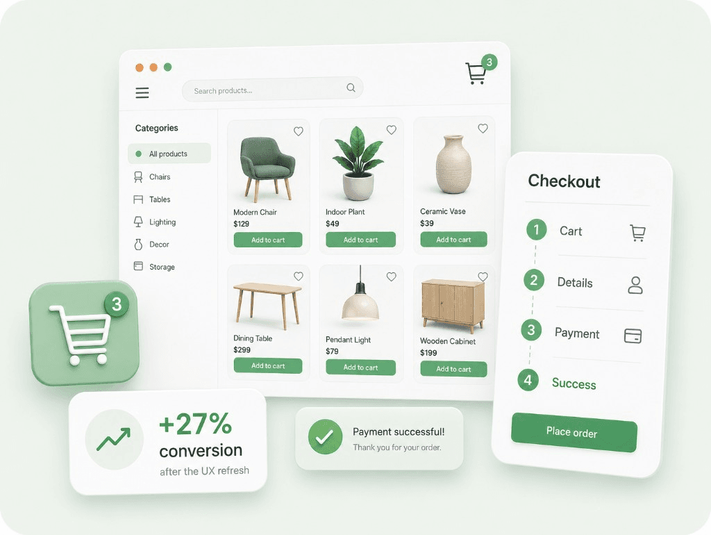 Placeholder case preview for a catalog and checkout flow